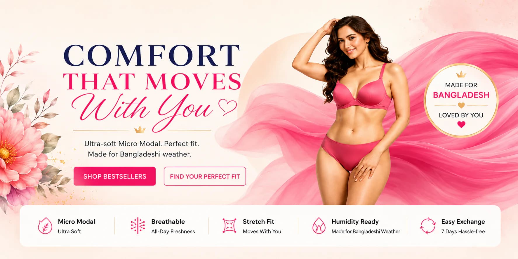 LEORVEL Bangladesh comfort banner with hot-pink opaque lingerie set, micro modal message, and easy exchange feature row