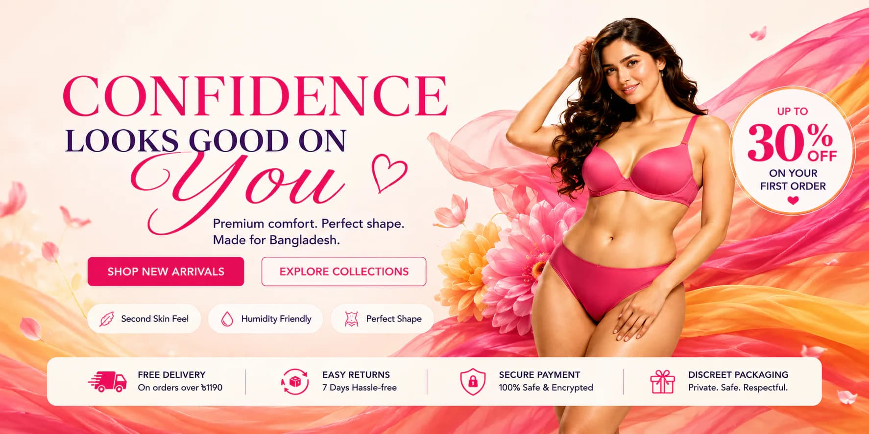 LEORVEL confidence banner with hot-pink opaque lingerie set, premium comfort message, and first order offer
