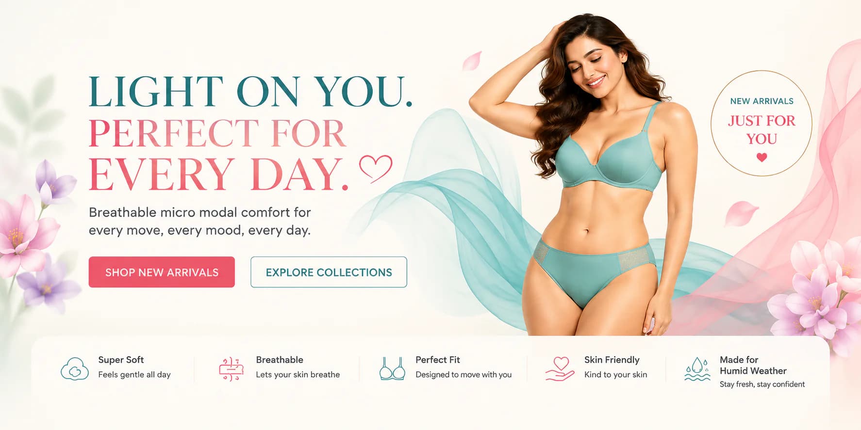 LEORVEL everyday comfort banner with teal-green opaque lingerie set, breathable micro modal message, and new arrivals badge