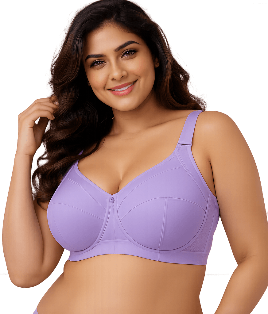 Woman wearing a lavender D plus cup bra